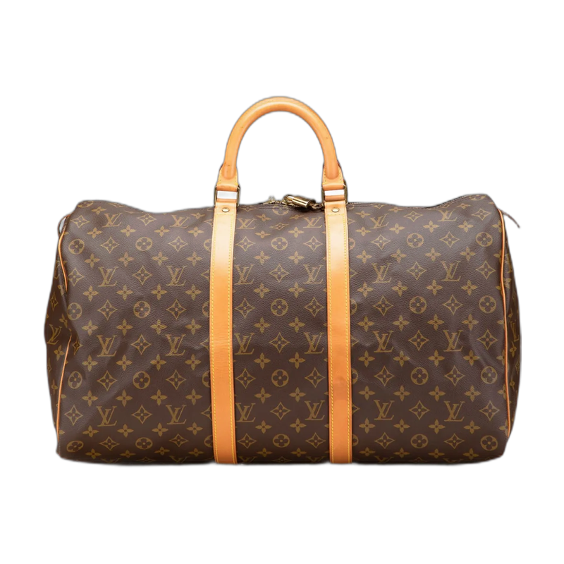 A pre-owned Louis Vuitton Keepall Bandoulière duffle bag in brown canvas, size 50