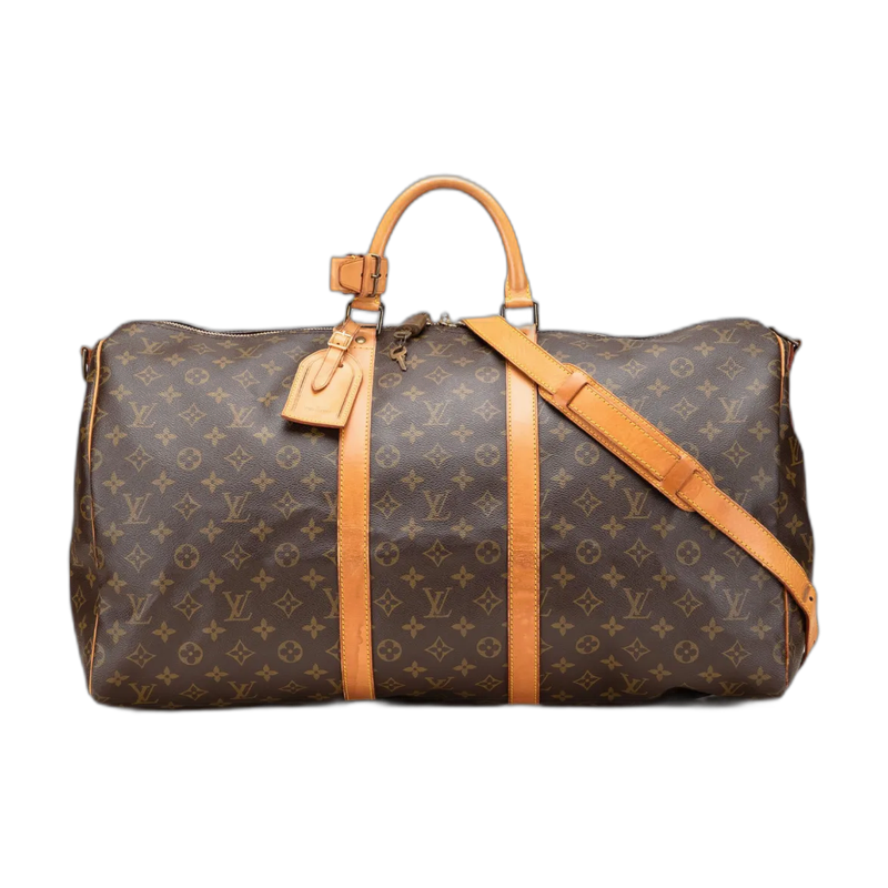 A pre-owned Louis Vuitton Keepall Bandoulière duffle bag in brown canvas, size 55