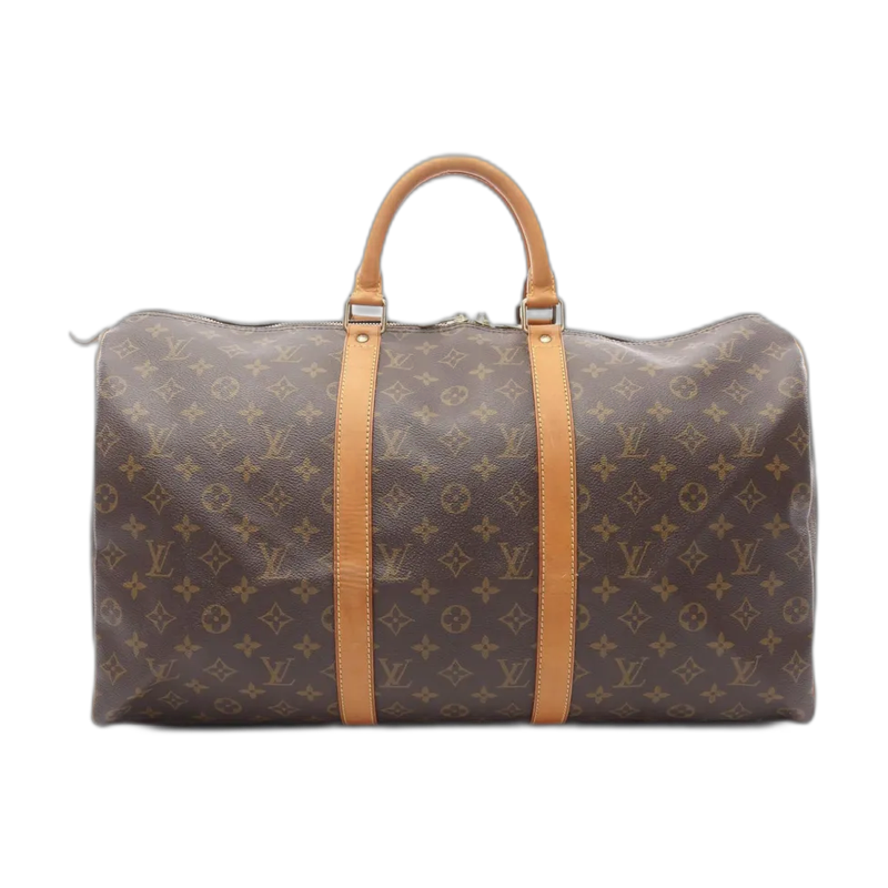 A pre-owned Louis Vuitton Keepall Bandoulière duffle bag in brown canvas, size 50